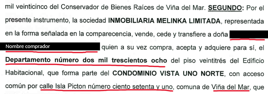 Fragmento de una compraventa donde se vende a [Nombre comprador omitido] el departamento 2308 del edificio en Calle Isla Picton 171, Valparaíso