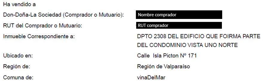 Fragmento de una carta de resguardo donde se vende a [Nombre comprador omitido] el departamento 2308 del edificio en Calle Isla Picton 171, Valparaíso