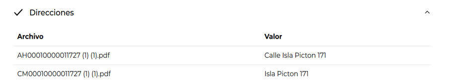 Resultado validando la dirección Isla Picton 171 en ambos documentos